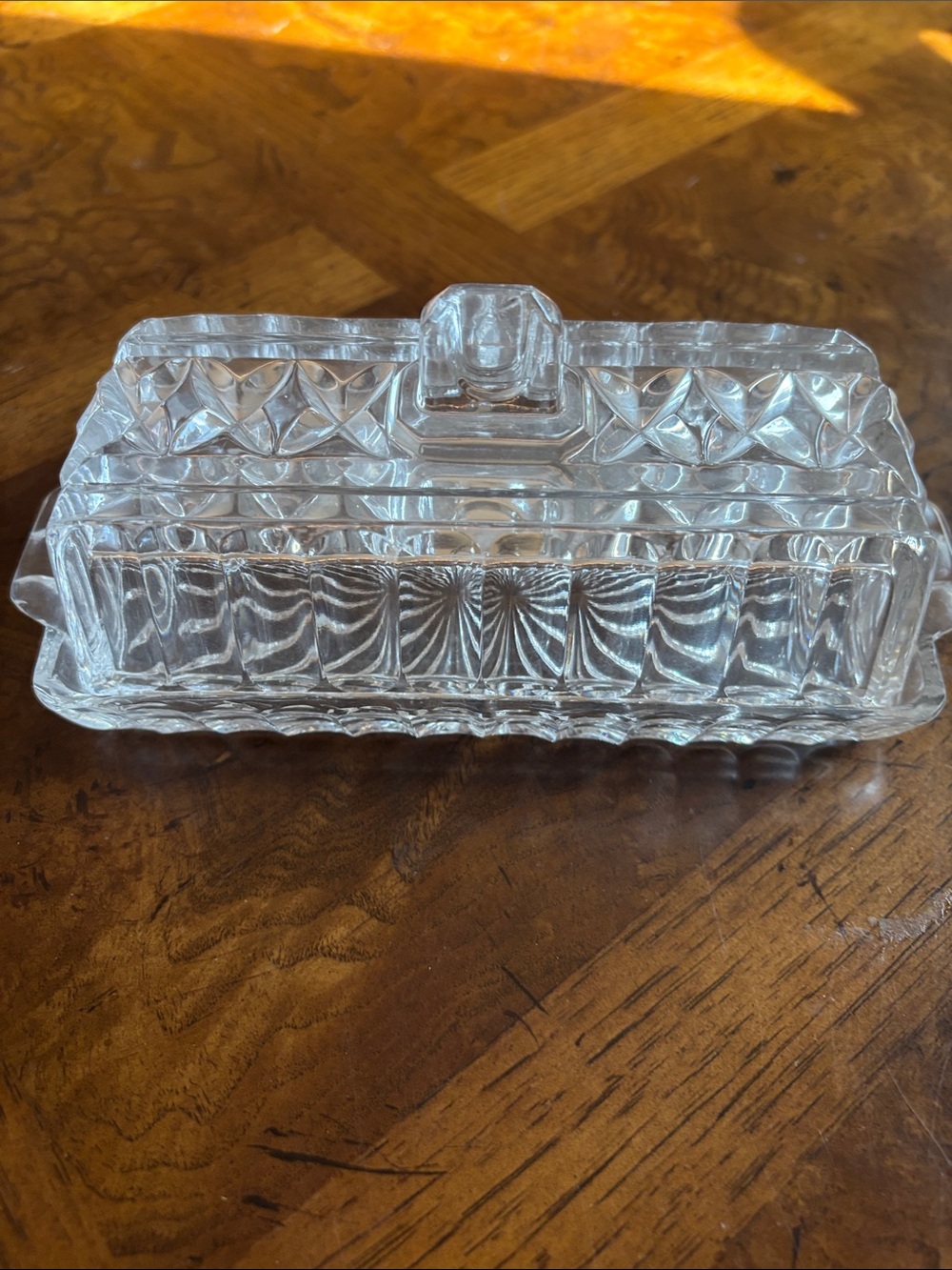Vintage Clear Glass Covered Butter Dish with Geometric Cut Pattern